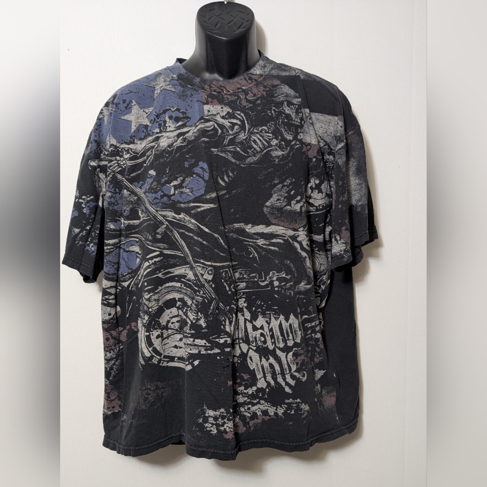 Men's Vintage Y2K Miami Ink AOP Black T Shirt Size 2XL Skeleton Flag USA Faded